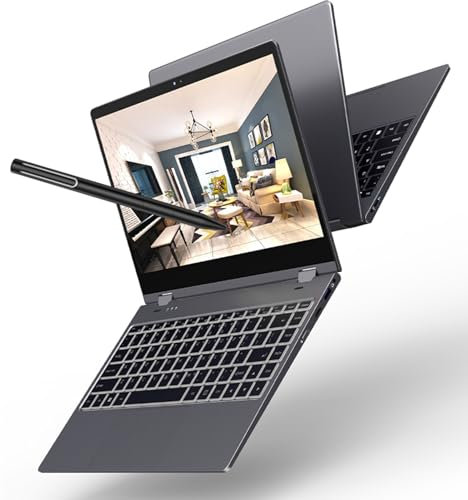 PUSOKEI Laptop Convertibile Ultra Sottile 2 in 1, Laptop Portatile Touchscreen FHD da 14 Pollici per Win 11, Computer Notebook con Tastiera Retroilluminata, per Studio di (Spina Europea