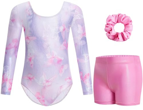 Gogokids Tredelade gymnastiktröjor för flickor, långärmad gymnastikset med shorts och pannband, glänsande dansklänning med gradient färgdesign för 3–12 år
