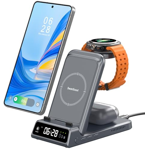Cargador Inalámbrico para Samsung S26 Ultra, 3 in 1 Estación de Carga para Samsung S26/S25/S24/S23, Base de Carga para Galaxy Watch 8/8 Classic/Ultra/7, Galaxy Buds 4 Pro, SwanScout 703S (No Adapter)