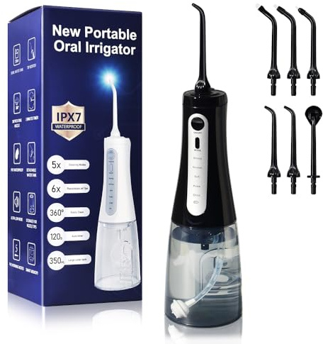 Y-Kelin Water Flossers for Teeth Cordless, Electric Flosser for Teeth with 5 Modes 6 Jet Tips, 350ML Oral Irrigator, IPX7 Waterproof Dental Flosser Water Jet USB Rechargeable for Tavel/Home Use(Black)