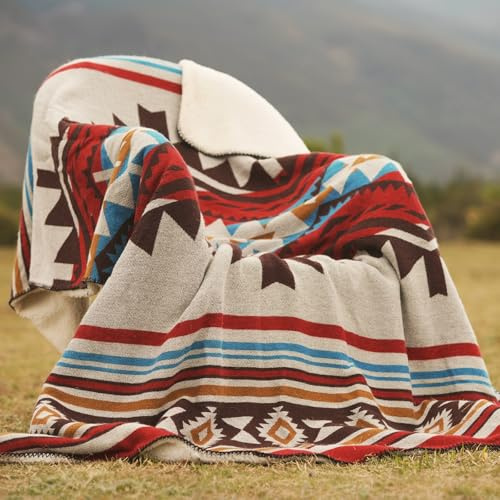 HORIMOTE HOME Aztec Sherpa Fleece Throw Blanket- Ultra-Soft Cosy Sofa Throws for Camping & Outdoor &Garden, Boho Decor For Couch, 127 x 152cm (Dark Red)