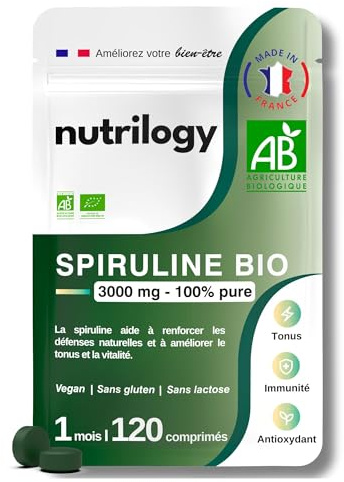 Spiruline Bio 3000mg 100% Pure & sans métaux lourds | Immunité, Tonus & Antioxydant | 1 mois - 120 comprimés | Riche en Fer & Protéines | Super Aliment Naturel & Fabriqué en France | NUTRILOGY