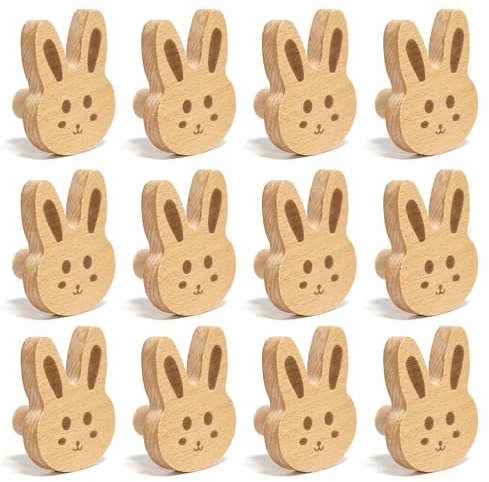 Auped Lot de 12 boutons en bois avec motif de lapin - Boutons décoratifs d'armoire et de tiroir en bois massif avec texture naturelle - Idéal pour chambre d'enfant, meubles et décoration d'armoire