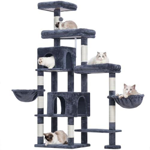 Hey-brother XXL Kratzbaum für groß Katzen, 180 cm hoch Stabil Katzenbaum mit rechts erweitert mit 3 gemütlichen Plattformen, 3 Grosse Höhle und 2 Katzenkörbchen, Rauchgrau EMPJ038G