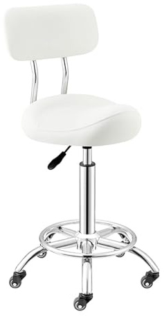 Tabouret De Selle Ergonomique,Chaise De Selle Roulante,Tabouret en Cuir avec Dossier, roulettes Silencieuses,Hauteur Réglable 50-70 Cm, for Salon,Maison,Studio(White)