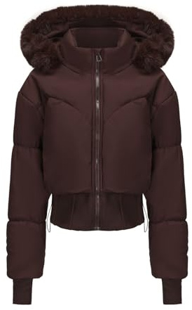 Mrat Piumino corto da donna, cappotto invernale caldo trapuntato imbottito con foro per il pollice, giacche da donna slim fit con cerniera completa, cappuccio in pelliccia sintetica, cappotti corti