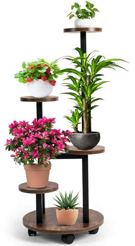 Vyranut Soporte para Plantas de 5 Niveles con Ruedas – 85 cm altura, estante redondo para macetas de madera y metal, ahorra espacio & estable – para salón, balcón, jardín e interior