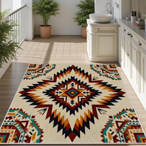 AUWUUA Aztec geometrisk matta 180 x 210 cm sydvästra indianer stametnisk stil för vardagsrum matsal sovrum bohemisk tvättbar halkfri matta färgglad