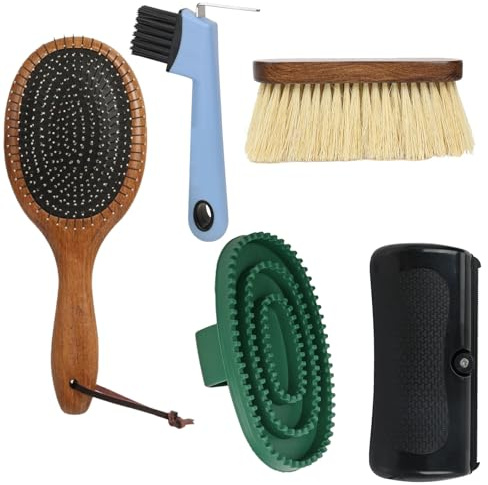 Kit de aseo de caballos, 5 piezas con cepillo para pezuñas, peine de cola, raspador de pelo, cepillo facial para cuidado equino