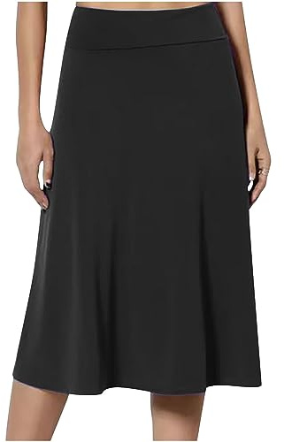 Keepink Womens Skirts Summer Pull On High Waist Midi Skirt Solid Elegant with Elastic Waist Relaxed A-Line Everyday Dressy Casual Skirts for Work Office Wear Holiday UK Sizing
