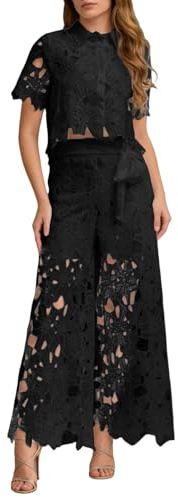 Eauptffy Traje de pantalón de dos piezas para mujer, de encaje, blusa hueca, parte superior y pantalones de cintura alta, elegante, monocolor, para fiestas, tiempo libre, ropa de calle, ropa de salón