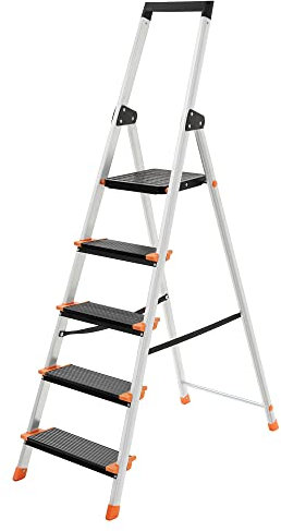 SONGMICS Leiter mit 5 Stufen, Aluleiter, 12 cm breite Stufen mit Riffelung, Anti-Rutsch-Füße, mit Handlauf, Werkzeugschale, bis 150 kg belastbar, schwarz-orange GLT05BK