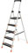 SONGMICS Leiter mit 5 Stufen, Aluleiter, 12 cm breite Stufen mit Riffelung, Anti-Rutsch-Füße, mit Handlauf, Werkzeugschale, bis 150 kg belastbar, schwarz-orange GLT05BK