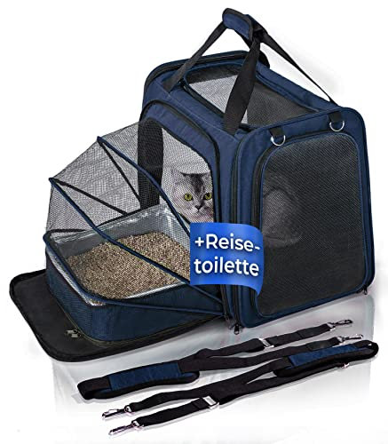 You Decide Munich Katzentransportbox mit Reise-Katzenklo, Faltbare Transportbox mit Katzentoilette (mit Deckel), Katzen-Transporttasche auch für große Katzen, Cat´s Premium Suite LX, Marine