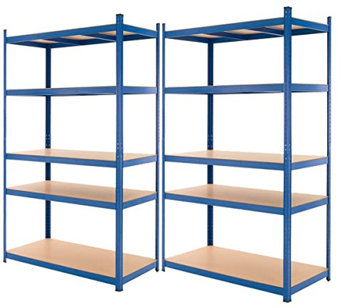 ECD Germany Juego De 2 Estanterías Para Cargas Pesadas 200x100x50 cm De Metal Recubierto De Polvo Azul Con 5 Estantes De Madera MDF Cargable Hasta 875kg Montaje Sin Tornillos Banco De Trabajo Taller
