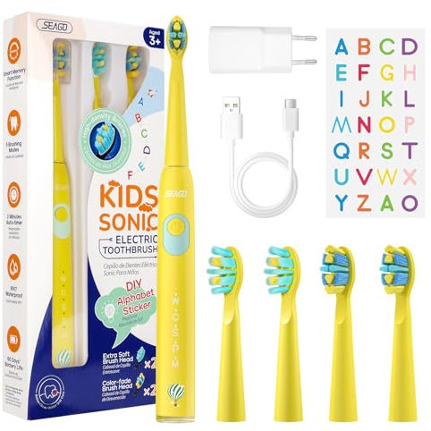 Seago Elektrische Zahnbürste Kinder ab 6, Kinderzahnbürste mit Smart Timer, 4 Weiche Ersatzbürstenköpfe, 5 Putzmodi, IPX7 Wasserdicht, 2 Buchstaben Aufkleber, USB Adapter, SG-2303(Zitronengelb)