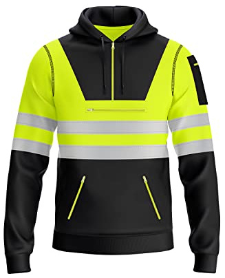 trending babz Sweat à capuche de sécurité haute visibilité neuf pour homme jaune orange avec bande réfléchissante sweat à capuche haute visibilité avec multiples poches zippées haut, jaune/noir, L