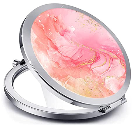 LONNAONE Compact Mirror for Women,Round Mini Pocket Travel Makeup Mirror,Pretty Portable Folding Small Pocket Mirror for Handbag,Purse,Double Sided Handheld Mirror (Silver Fancy Pink Marble)