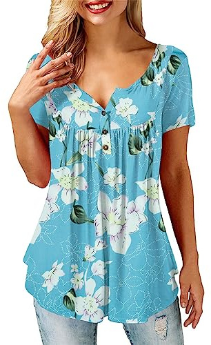 Beluring Floral Print Blouses for Women Smock Short Sleeve Shirts Casual Longline Tops Blue Size 8 10