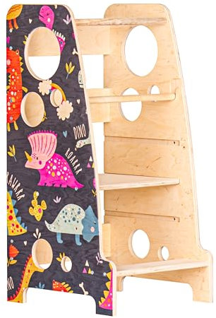 BABYLIKE Montessori Lernturm für Kinder | Lernstuhl ab 1 Jahr | Learning Tower | Tritthocker mit 2 Stufen & verstellbaren Fachböden |Dinosaurier