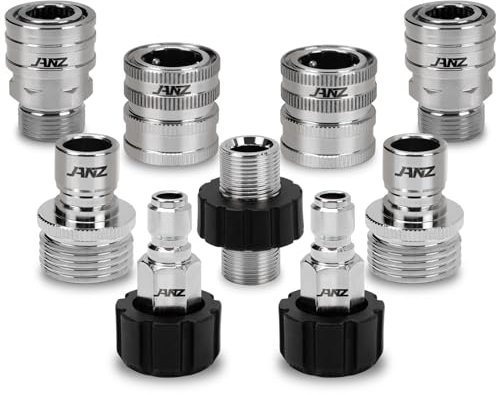 janz Hochdruckreiniger-Adapter-Set, M22 auf 3/8 Zoll Schnelltrenn-Kit, 3/4 Zoll auf Schnelltrennung, männlicher M22-Schlauchadapter, Edelstahl, 9er-Pack, (AS-001)