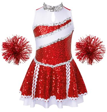 Manyakai Mädchen Cheer Leader Kleid Cheerleading Kostüm Neckholder Faltenkleid Ärmellos Tanzkleid Pailletten Glänzend Freizeitkleid Mit CHEER Print Tanzkostüm Rot B 122-128