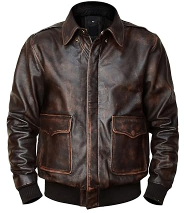 UGFashions WW2 Pilot Jacket Mens Distressed Brown Leather Bomber Air Force Flight Aviator USAAF Vintage A2 Leather Jacket, Medium