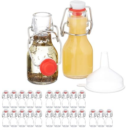 Relaxdays Mini Bouteilles en Verre, Lot de 25, Petites fioles à remplir, 50 ML, Fermeture à étrier, Transparent