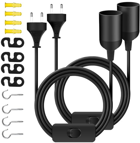 HOTUT 2 Piezas Portalámpara E27 con interruptor, Adaptador de lámpara E27, Cable de red con interruptor y enchufe, Base para bombilla, Cable 2 Metros