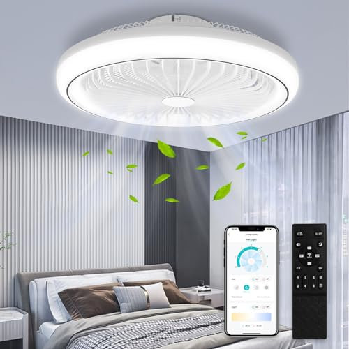 Modernas Ventilador de Techo Silencioso con Luz y Mando, 47cm Regulable Lampara Ventilador Techo Sin Aspas, 6 Velocidades, Ventilador Techo con Reversible para Dormitorio, Salon