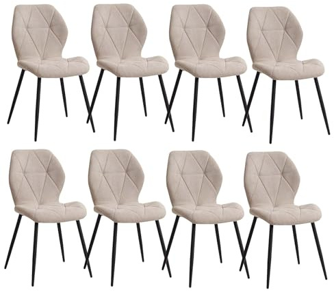 DEYARNA HOME Set med 8 moderna matsalsstolar, vadderade köksstolar, linnematstolar med metallben (kaki, diamantmönster)