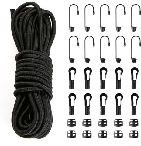 Corda multiuso da 20 m, corda in poliestere intrecciato con 10 ganci a spirale, 10 ganci in plastica, 10 morsetti a strozzamento, corda paracadute in morbido cotone per campeggio