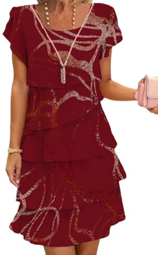 Onsoyours Femmes Été Robe en Mousseline Col Rond Élégante Robes De Soirée Fleurs Impression À Manches Courtes Volants Léger Et Respirant Mini Dress Décontracté Cocktail A01 Vin Rouge XXL