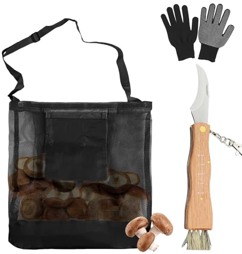Bolsa Negra para Recoger Setas, cinturón para recolectar Setas con Cuchillo para Setas, Cuchillo Grande de Acero Inoxidable para Setas, Guantes de Trabajo de Nailon Negro para Bosque y jardín