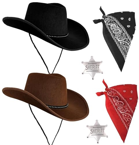 AetMvt 6 PCS Cowboy Hat Set, Black & Brown Western Hat with Silver Sheriff Badge, Red & Black Paisley Bandana, Cowboy Accessories for Women Men Halloween Birthday Cosplay Party