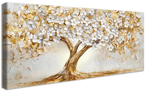 Canvastryck Med Ram Livets Träd Morden Målning Gyllene Träd Blommande Vita Blommor Canvas Bilder Moderna Bilder Väggtryck Vardagsrum Sovrum Hotell 50 x 120 cm