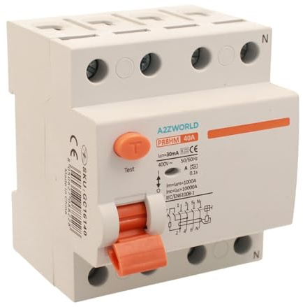 Interrupteur différentiel pur, sauveteur triphasé type A 40A, RCCB 3P+N 10kA 30mA 380V, 4 modules DIN, série PR8HM électromagnétique, certifié IEC61008-1