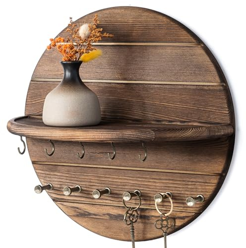 Rebee Vision Pine Wood Key Holder Wall Mount – Rustic Wooden Key Hooks for Wall with Shelf – Decorative Mail Organizer, Coat Rack & Dog Leash Holder for Home Decor, Entryway and Living Room (Brown)