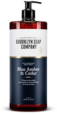 Brooklyn Soap Company Duschgel für Männer 1 Liter - Blue Amber & Cedar Body Wash - 2-in-1 Duschgel für Herren für Haut und Haare - Shower Gel