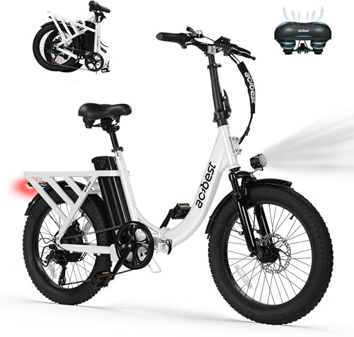 ACTBEST Mars Electric Bike for Adults, 20'' Fat Tire Folding Ebike with Peak 1200W Motor, 7 Speed 28MPH, 48V 499Wh Removable Battery Max Range 55 Miles, Foldable Electric Bicycle，White