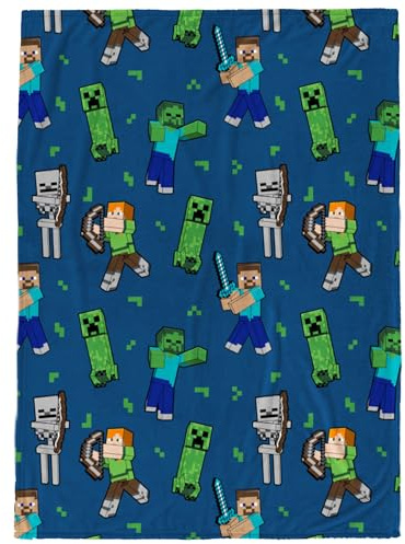 Jay Franco Coperta in peluche Minecraft per bambini - 130 x 150 cm - Coperta in pile morbida e confortevole per la decorazione della camera da letto e il divano - Prodotto con licenza ufficiale - Blu