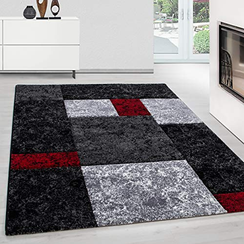 Teppium Moderner Kurzflor Teppich Läufer Flur 80 x 150 cm Rot - Konturenschnitt Teppich Waschbar, Kariert Design, Pflegeleicht und Weich - Ideal als Bettvorleger im Schlafzimmer und Küchenläufer