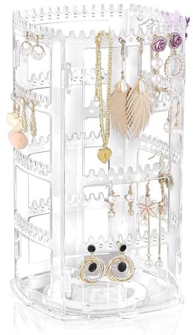 ROWNYEON Rotating Jewellery Organiser Jewellery Stand Acrylic 360°Rotating Display Earring Holder 4 Tiers Jewellery RackClassic 160 Holes and 168 Grooves for Necklaces Earrings Piercings,Clear