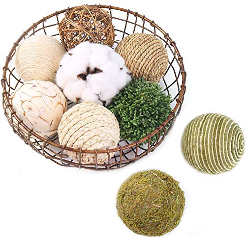 CIR OASES multi-material tri-color decorative ball 9 balls, natural rattan weaving ball, cotton ball, used for vase bowl filling, table decoration (green)