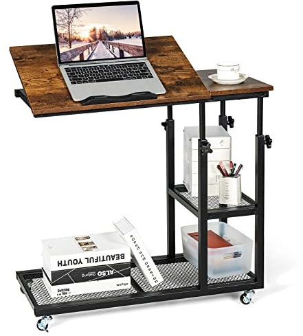 CASART Sofa Side Table, Height Adjustable Industrial Rolling Laptop Desk with 360° Wheels, Tilting Top and Shelves, C-Shaped Mobile Snack Coffee Tea Table for Living Room, Bedroom (with Tilting Top)