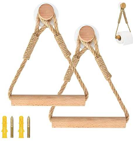 Newaner Auto Adhésif Support pour Rouleau de Papier Toilette, Porte-Papier Salle de Bain Support de Rouleau de Serviette Toilette Corde en Bois Anneau De Serviette Rustic(2 pièces)