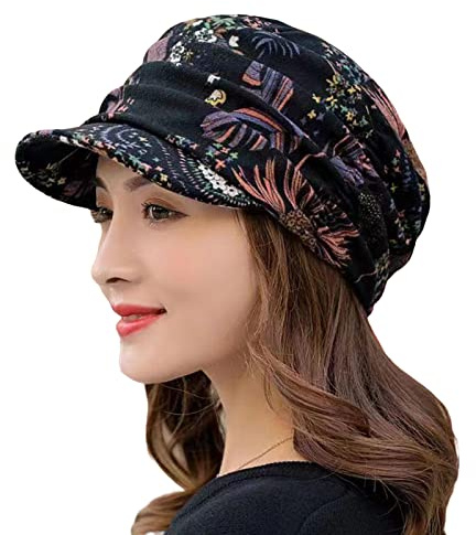 HshDUti Beanie Hats for Women, Boho Floral Printed Winter Hat Fleece Lined Ladies Beret Hat Warm Hat Peaked Baker Boy Hat with Visor Black One Size