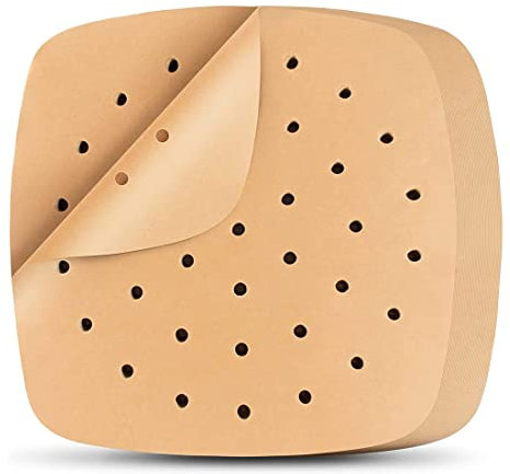 50 Stück Air Fryer Paper, Backpapier, 18 x 18 cm, Backpapier Für Heißluftfritteuse, Perforiert Luftfritteuse Pergamentpapier, Für Bambusdämpfer, Dampfgarer Air fryer Liners (Holzfarbe)