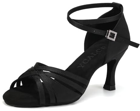YCALCP Tanzschuhe Damen Latein Satin Professionelle Salsa Bachata Ballsaal Standard Tanzschuhe Performance Schuhe,L3049-Schwarz-7.5cm,EU 39
