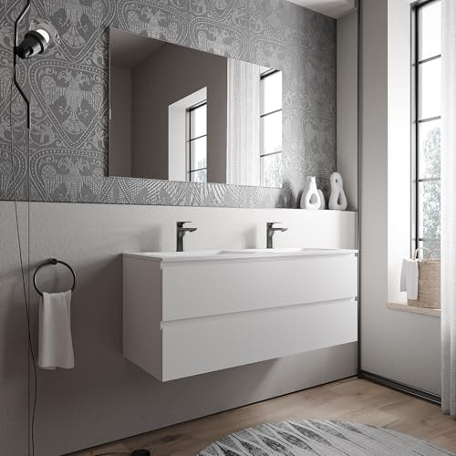 Bernstein Badmöbel-Set AVA 120cm bestehend aus Mineralguss-Doppel-Waschbecken mit Unterschrank in Weiß matt, Waschtisch Cream - Weiß matt mit Hahnloch, Ideal für große Bäder
